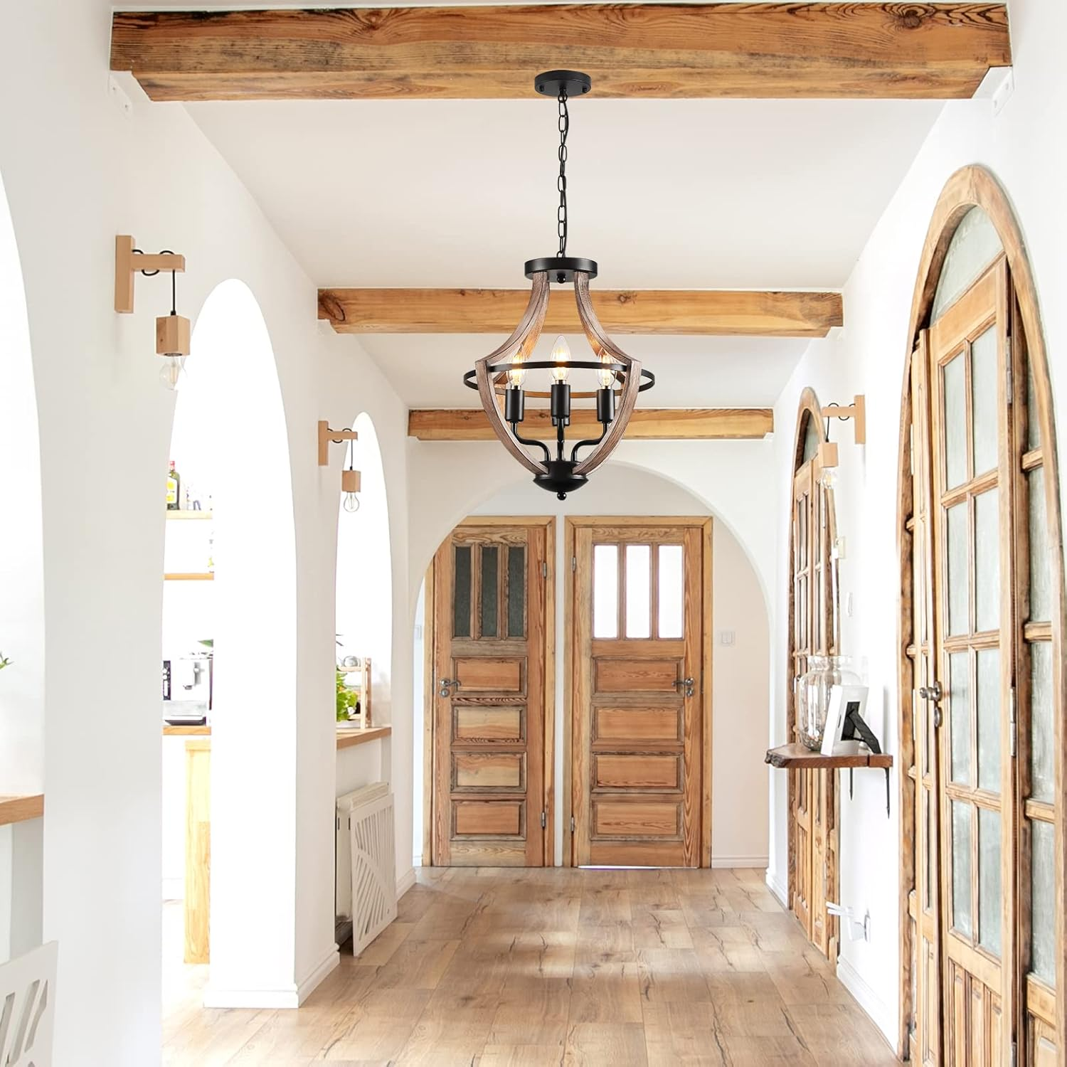 4-Light Farmhouse Chandelier – Retro Flush Mount Ceiling Light Fixture with Wood Grain Finish & Black Metal for Hallway, Dining Room & Bedroom
