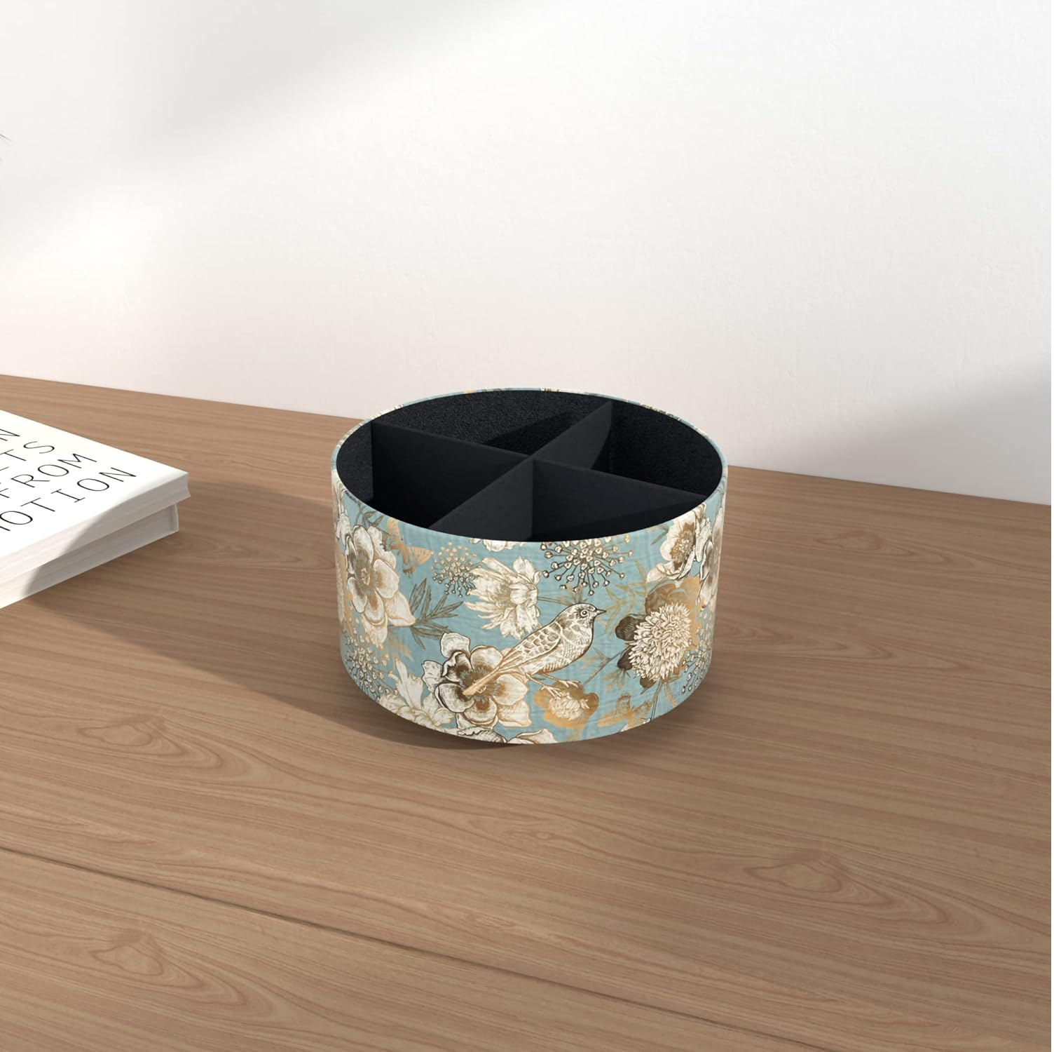 360° Rotating Leather Desk Organizer – Multi-Functional Pen & Remote Holder (Blue Bird)