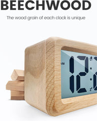 Wooden Digital Alarm Clock – Large LCD Display, Snooze, Temperature, Battery Operated