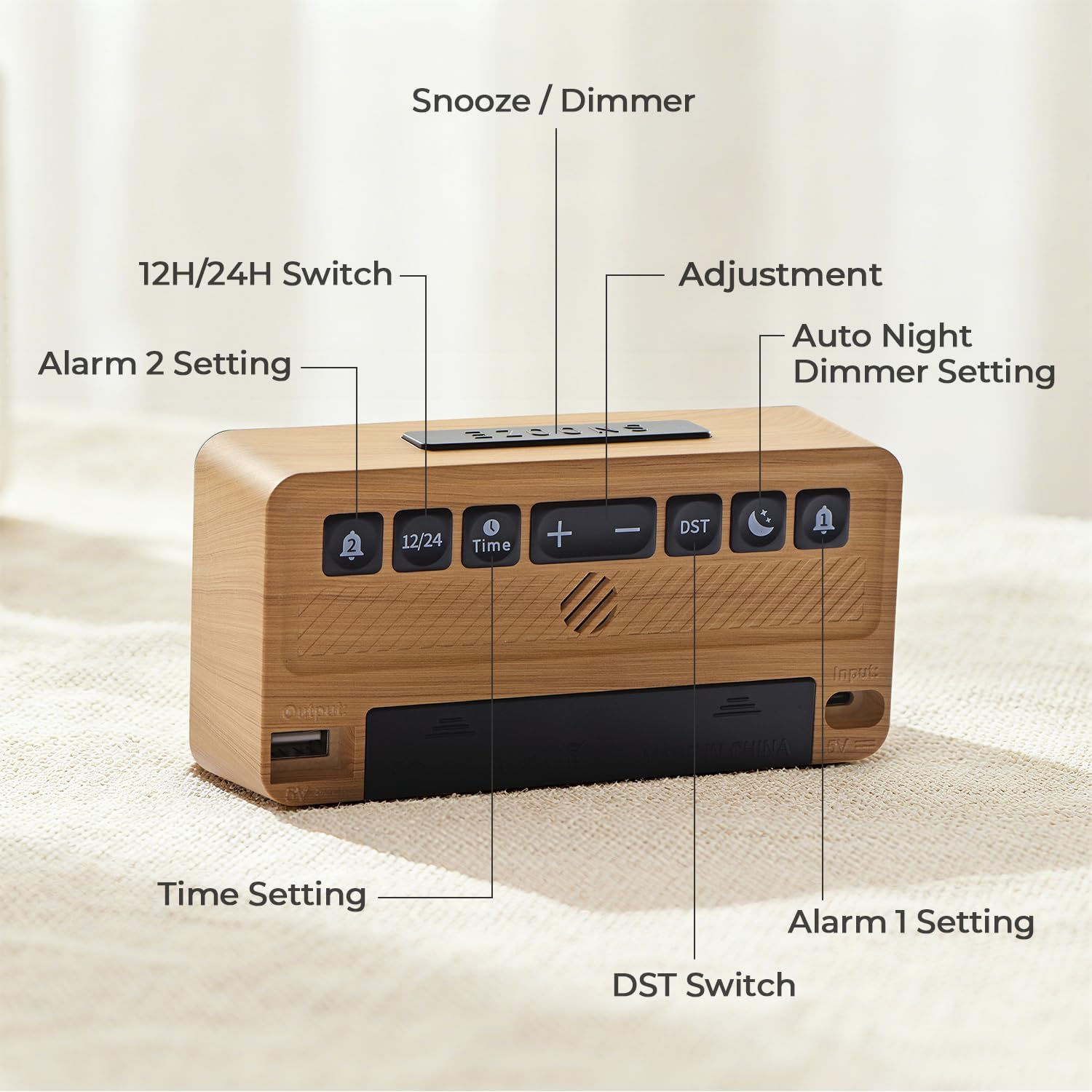 Wood Grain Digital Alarm Clock with Dual Alarms, Snooze & Adjustable Brightness