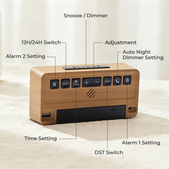 Wood Grain Digital Alarm Clock with Dual Alarms, Snooze & Adjustable Brightness