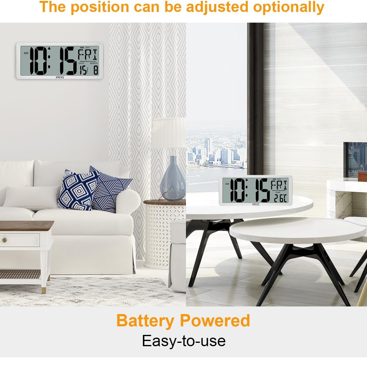 Extra Large LCD Digital Wall Clock with Time, Date & Temperature Display (Battery)