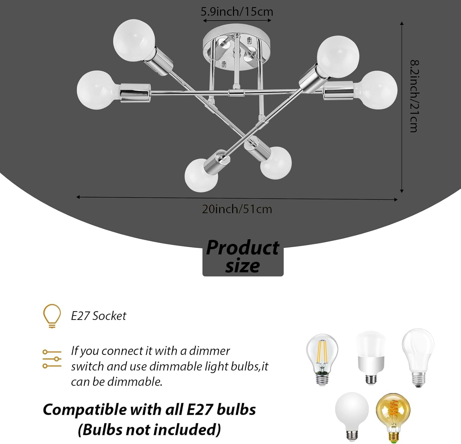 6-Light Silver Flush Mount Ceiling Chandelier – Modern Indoor Fixture