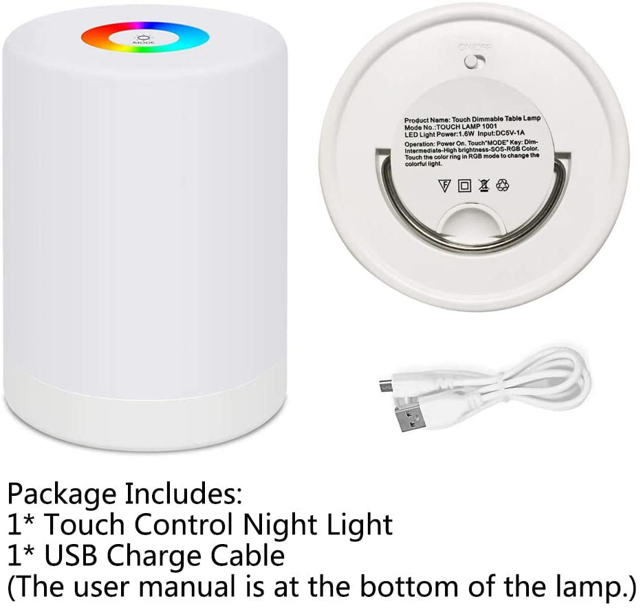 LED Night Light - Smart Bedside Table Lamp Touch Control, Dimmable, USB Rechargeable, Portable, RGB Color Changing