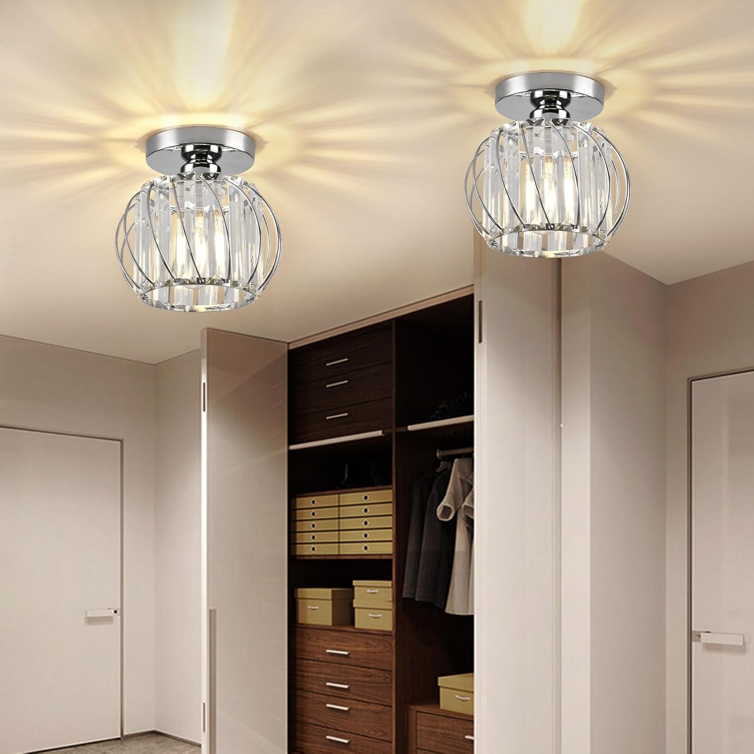 Modern Crystal Semi Flush Ceiling Light, Chrome Mini Fixture