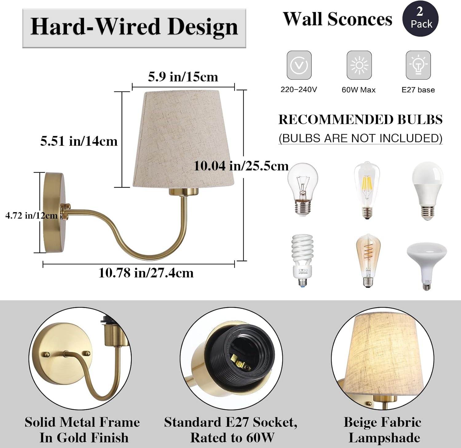 Set of 2 Gold Wall Lights – Vintage Indoor Sconces with Fabric Shade, E27 Compatible