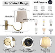 Set of 2 Gold Wall Lights – Vintage Indoor Sconces with Fabric Shade, E27 Compatible