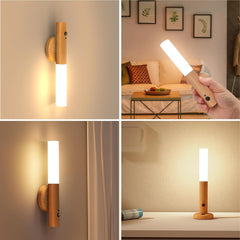 Wooden Wall Light with Motion Sensor - USB Rechargeable, Warm White Wall Lamp with Switch