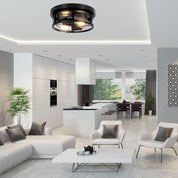 Industrial Round Black Ceiling Light with Dual E27 Fittings