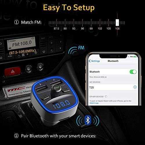 Bluetooth FM Transmitter for Car – Wireless Radio Adapter with Hands-Free Calls & LED
