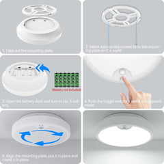 Motion Sensor LED Ceiling Light Battery Operated, 6000K 300LM Battery Lights Indoor, Ø18cm White Bath Ceiling Lights, Battery Wall Lights Indoor