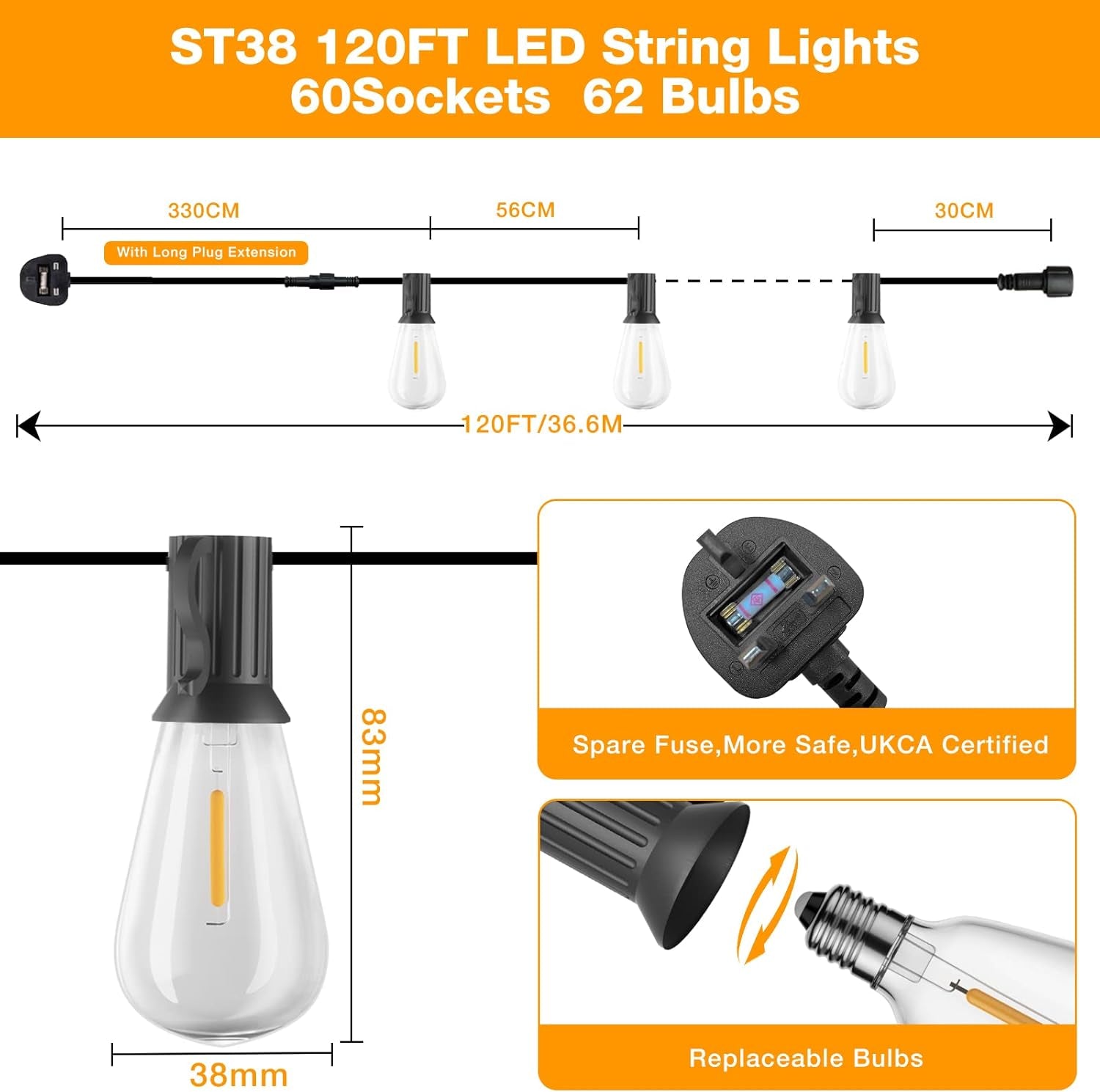 120FT Waterproof Vintage LED Festoon Lights with 62 Shatterproof Bulbs – Warm White Outdoor String Lights