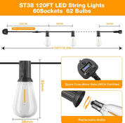 120FT Waterproof Vintage LED Festoon Lights with 62 Shatterproof Bulbs – Warm White Outdoor String Lights