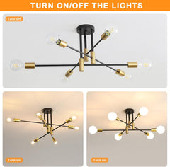 Sputnik Chandelier Ceiling Light 6-Light Black Gold Vintage