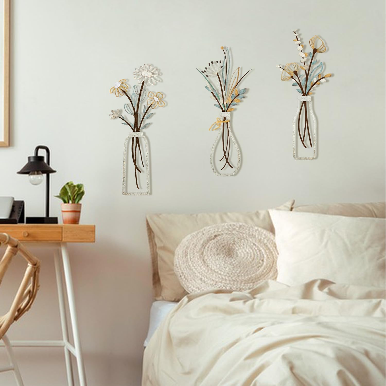 3 Pcs Metal Flower Wall Art Rustic Boho Décor Set