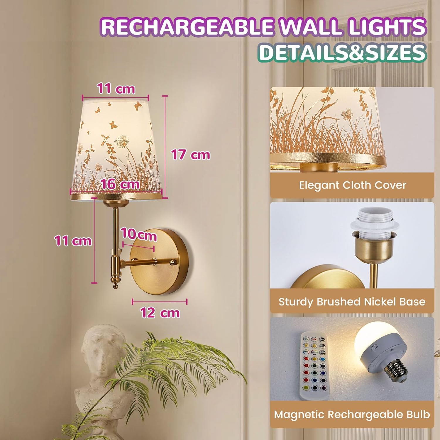 Gold Battery Wall Sconces Set – Floral Shade, RGB Light