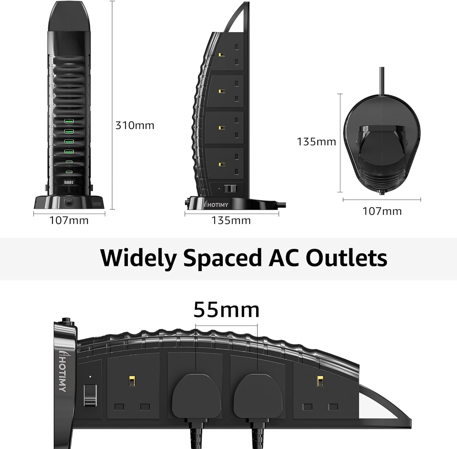 8-Way Tower Extension Lead with 6 USB Ports (2 Type-C), 2M Cable & Surge Protection