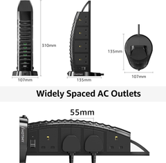 8-Way Tower Extension Lead with 6 USB Ports (2 Type-C), 2M Cable & Surge Protection