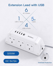 6 Way Extension Lead with 5 USB Ports (1 USB-C), 5M Braided Cable, 3250W Surge Protected