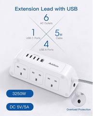 6 Way Extension Lead with 5 USB Ports (1 USB-C), 5M Braided Cable, 3250W Surge Protected