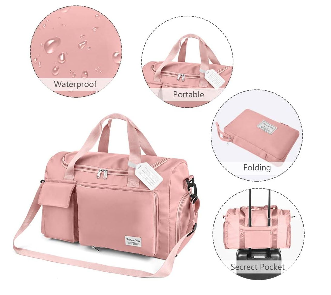 Foldable Duffel Bag – Lightweight Travel, Gym & Weekend Holdall with Wet Pocket, Pink