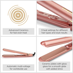 Rose Gold Ceramic Hair Straightener – Fast Heat, 3 Settings, Travel Friendly
