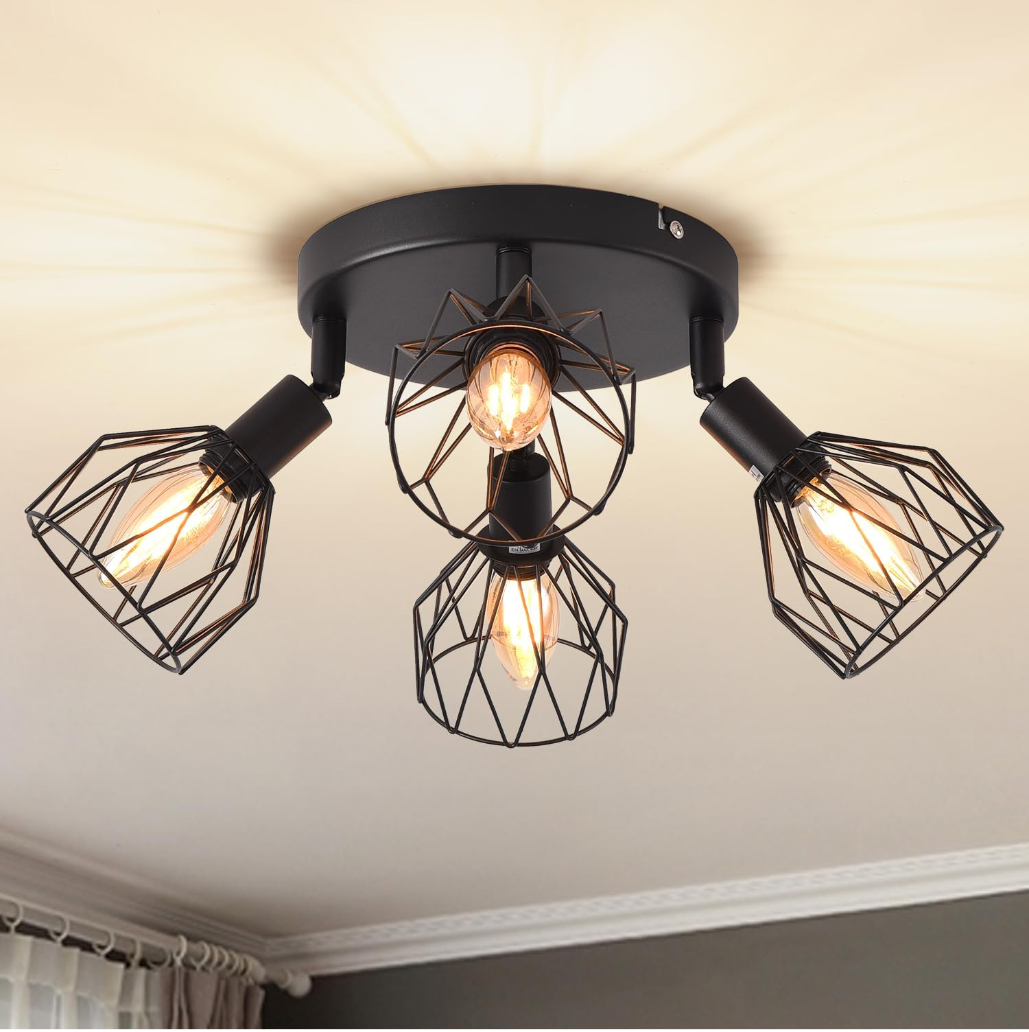 Kitchen Lights Ceiling,4 Way Black Lounge Industrial Wall Lights-Adjustable SpotLights Ceiling Lights Wire Cage with E14 Base, Light Fittings Ceilings