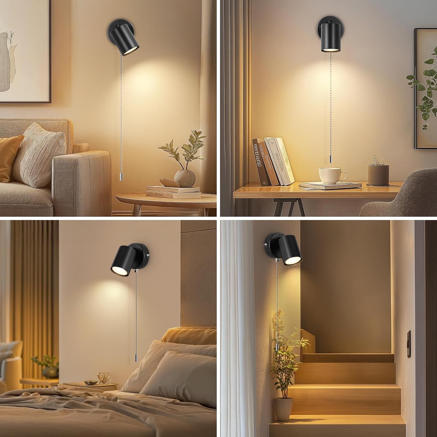 Modern Adjustable Wall Lamp – Black GU10 Spotlight with Pull Cord Switch, Indoor Use