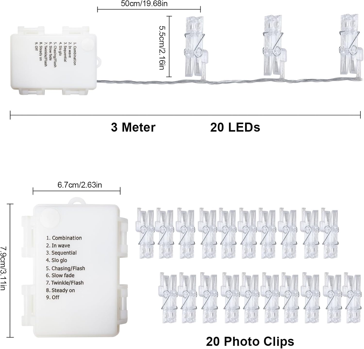 3M Photo Clip String Lights – 20 LED, 8 Modes, Battery Powered