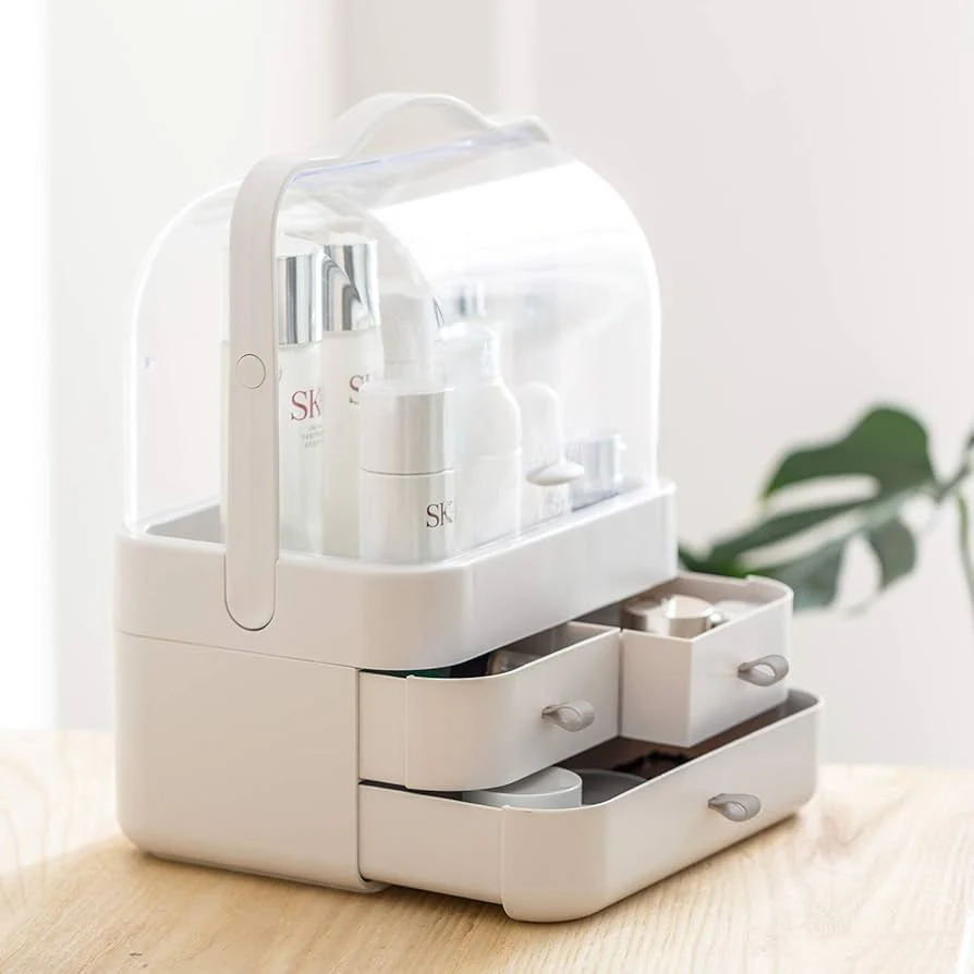 White Makeup Organizer Box with Lid & Drawers for Vanity, Skincare & Cosmetics
