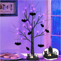 2FT Black Halloween Tree with Bats & Purple Lights