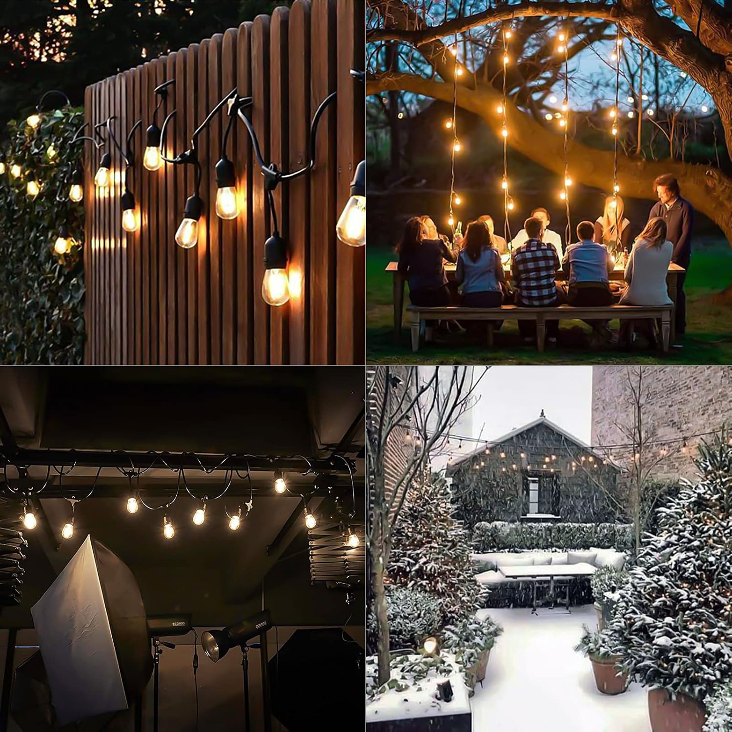 48FT Outdoor LED String Lights, S14 Festoon Lights with 15 E27 Sockets, IP65 Waterproof, 2700K Warm White for Garden, Patio, Party
