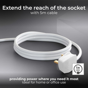 4-Way Extension Lead 13A with 5M Cable – Unswitched Power Strip, White