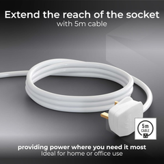 4-Way Extension Lead 13A with 5M Cable – Unswitched Power Strip, White