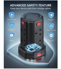 8-Way Tower Extension Lead with 4 USB Ports, 13A 3250W Power Strip, 2M Cable