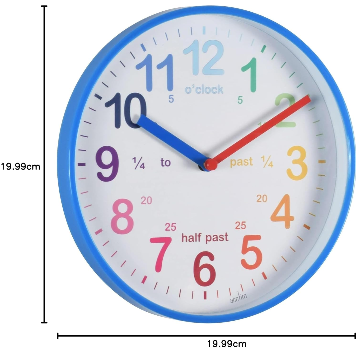 Kids Teaching Wall Clock, Blue Quartz Clock with Rainbow Dial & Quarter Markers