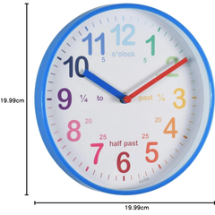 Kids Teaching Wall Clock, Blue Quartz Clock with Rainbow Dial & Quarter Markers
