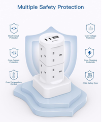 8-Way Tower Extension Lead with 4 USB Ports (2 USB-C), 1.8M Cable, 3250W Power Strip