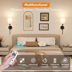 2 Pack Rechargeable Wall Sconces with Remote, 9 Colors Dimmable