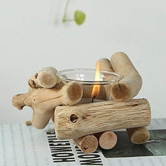Rustic Driftwood Wooden Tea Light Candle Holder with Glass