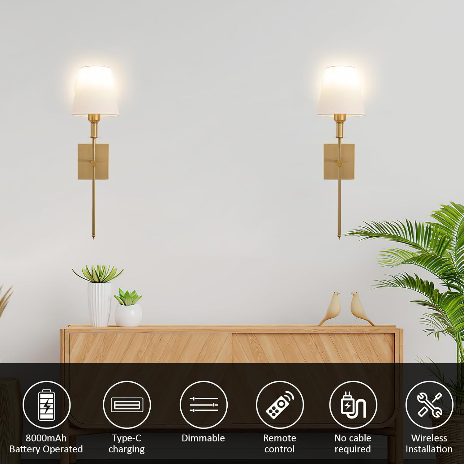 Set of 2 Gold Rechargeable Wall Lights