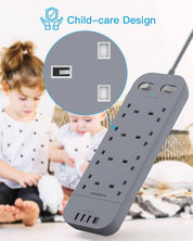 8 Way 5M Extension Lead with Surge Protection & Dual Switches, Grey Power Strip