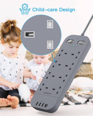 8 Way 5M Extension Lead with Surge Protection & Dual Switches, Grey Power Strip