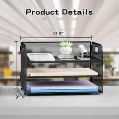 3-Tier Mesh Paper Tray Organiser with Handle – A4 File Holder, Black