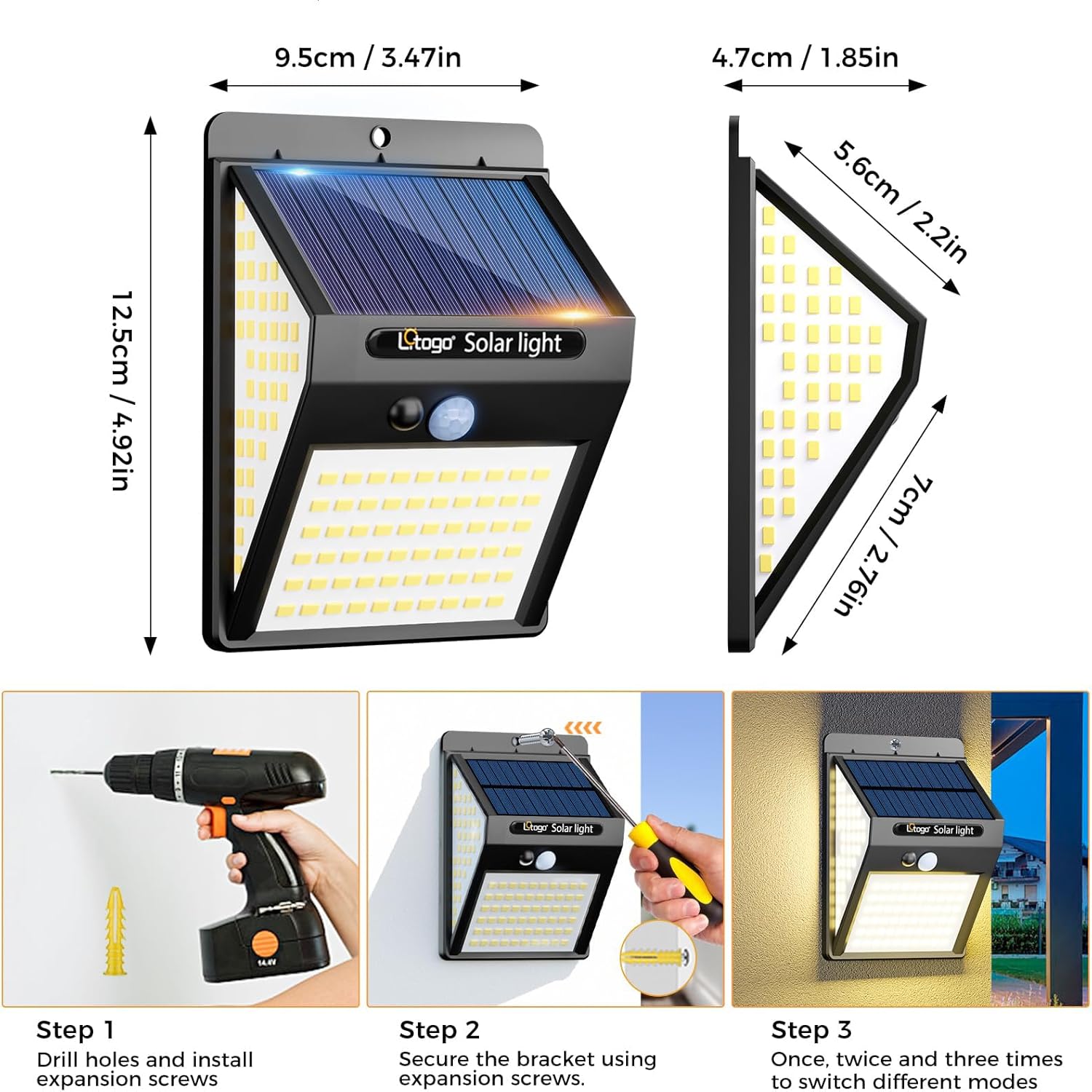 140 LED Solar Security Lights Outdoor, 270° Motion Sensor Wall Light, IP65 Waterproof
