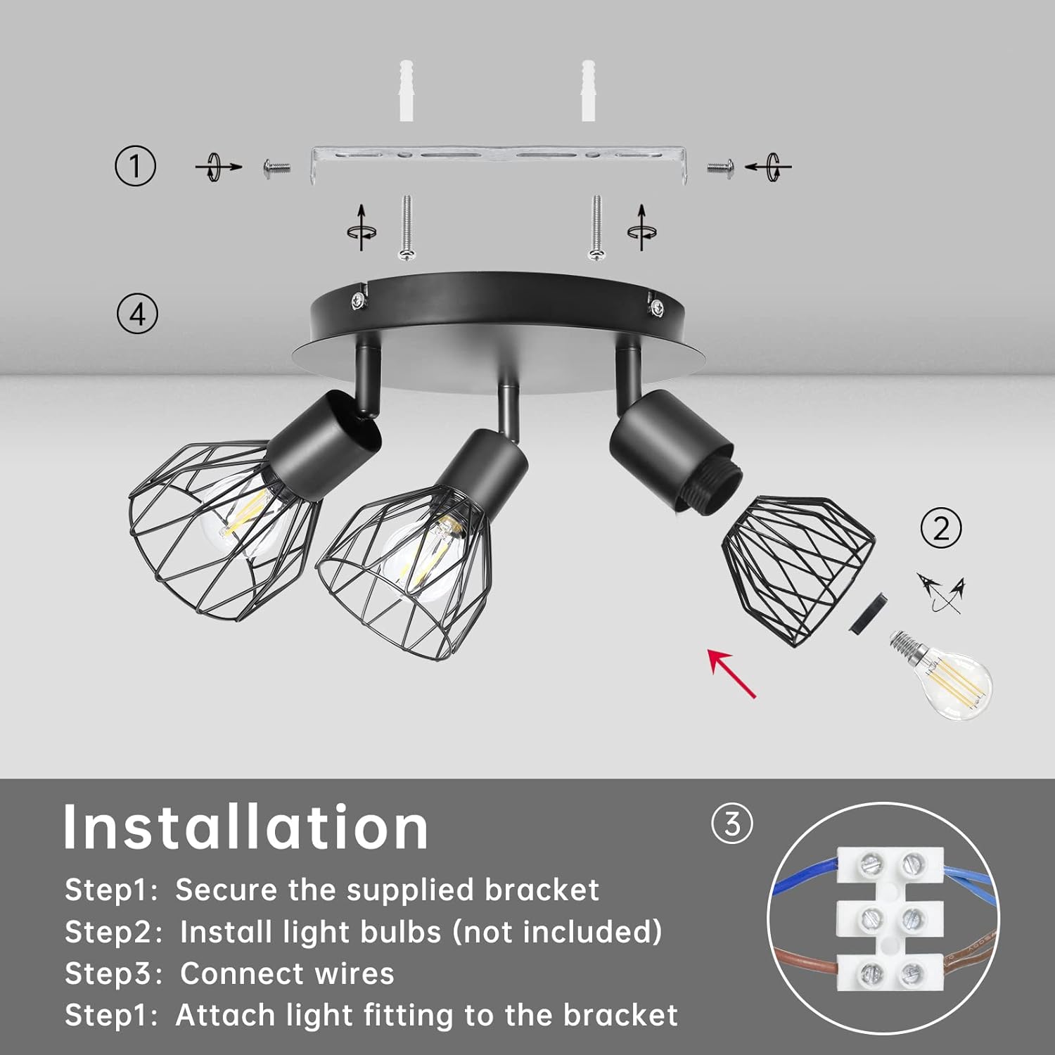 Spot Light Fittings for Ceilings Adjustable Metal Wire Cage Kitchen Spotlight Ceiling Lights with E14 Base Black 3 Way Ceiling Light Industrial