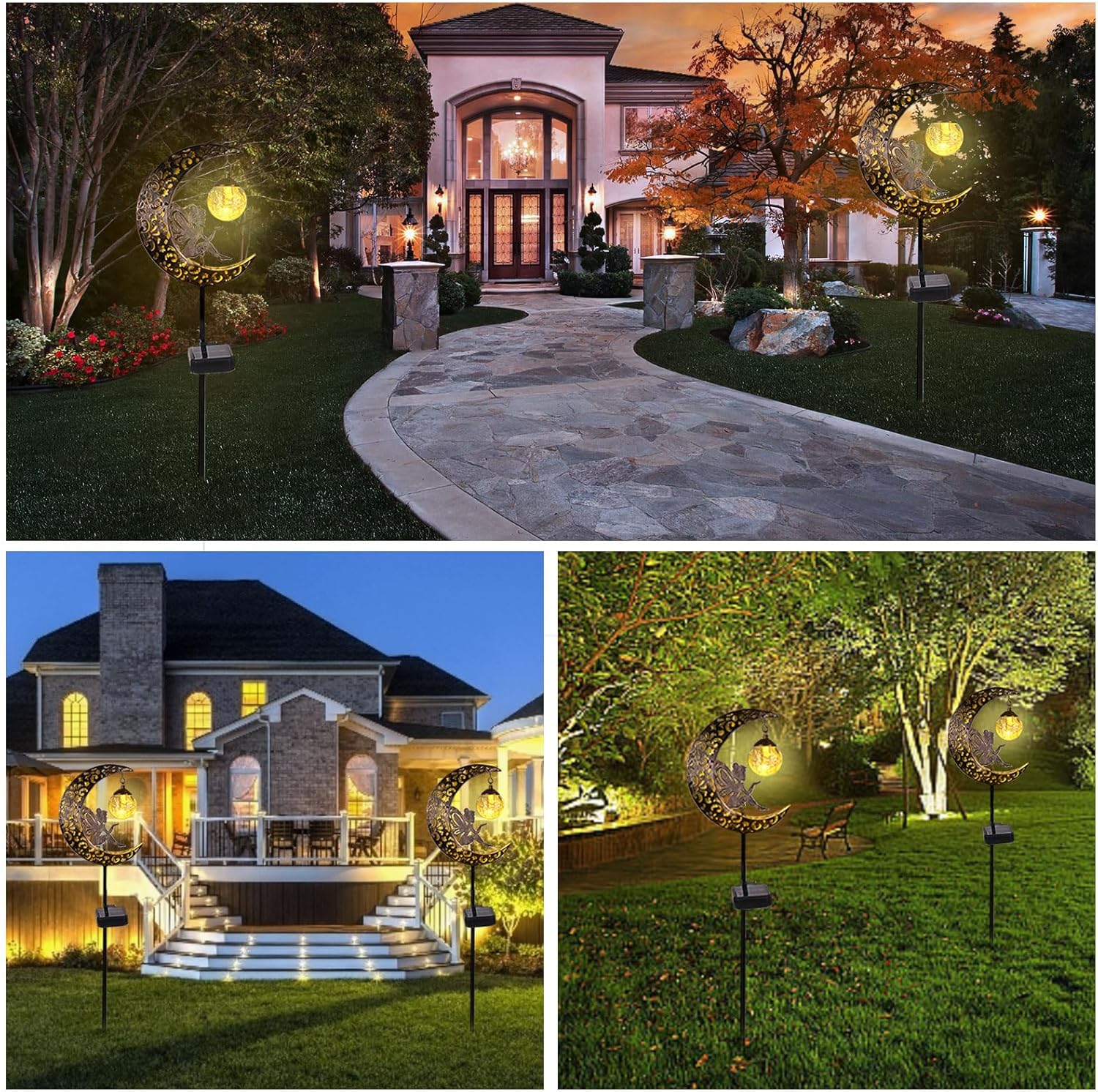 Solar Lights Outdoor Garden Ornaments – Moon Fairy Solar Crackle Glass Lights, Waterproof LED Metal Stake Light for Patio, Lawn & Pathway Decorations