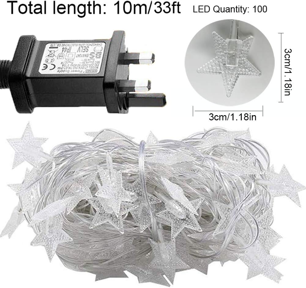 33ft Star Fairy Lights, 100 LEDs, 8 Modes, Plug-in