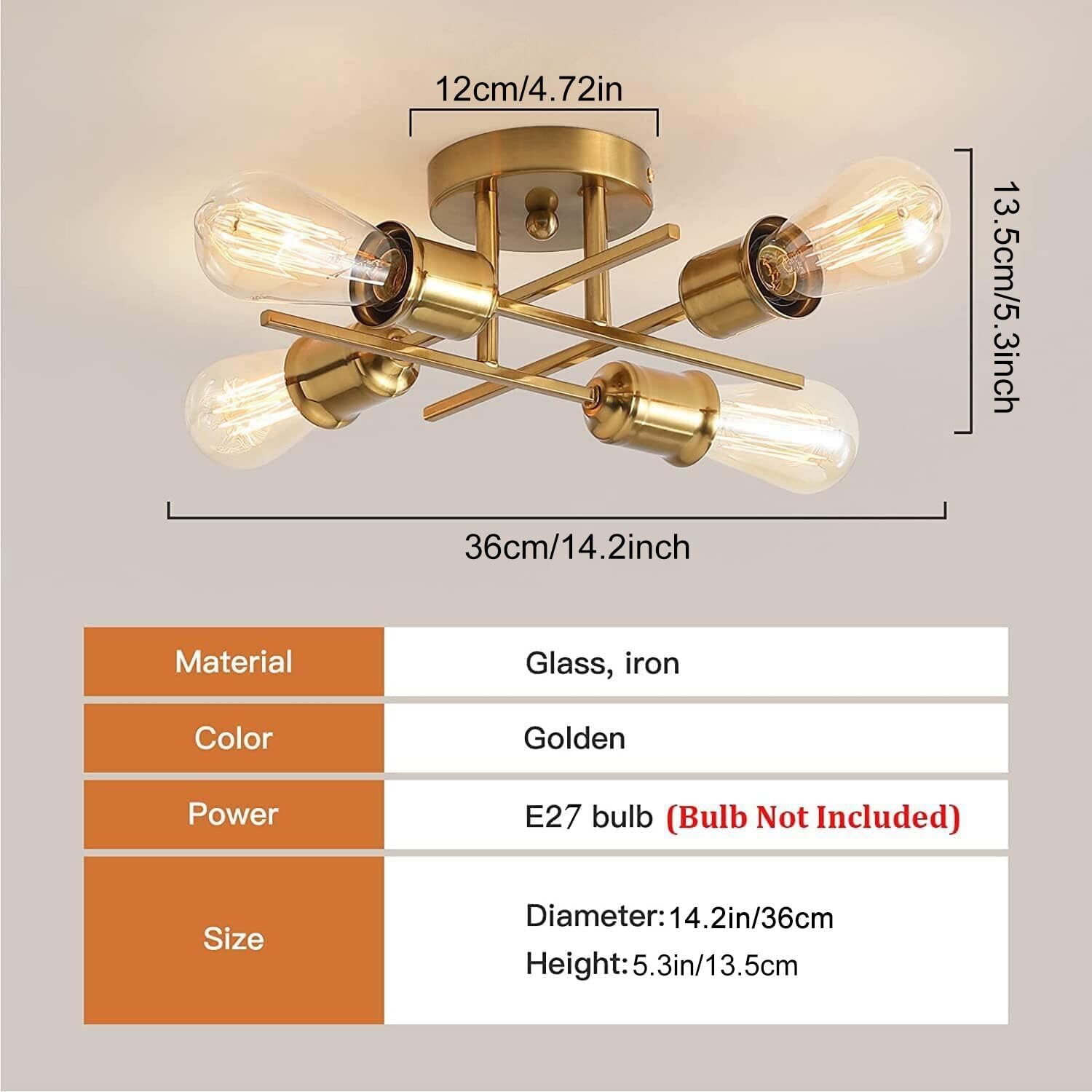 Gold 4-Light Semi Flush Ceiling Light, E27 Base