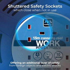 4 Socket 15M Extension Lead Cable Reel with Thermal Cut-Out, 10A Blue/Black